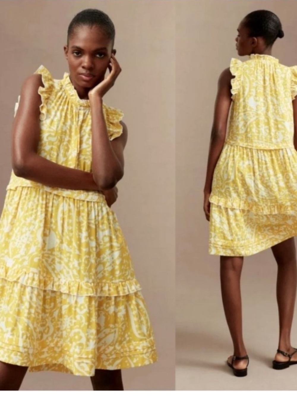 ME+EM Dress Cheesecloth Frill Swing in Bold Yellow Paisley